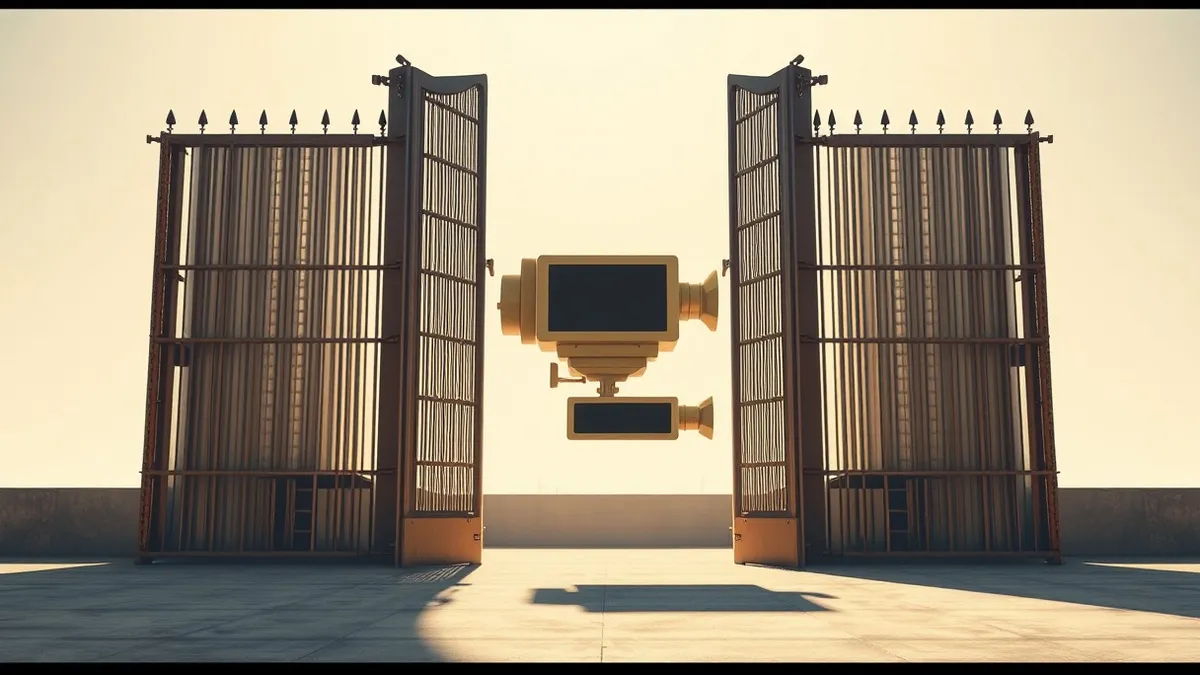 Illustration: Two massive film studio gates stand side by side, their iron bars intertwining to form a single unified entrance.