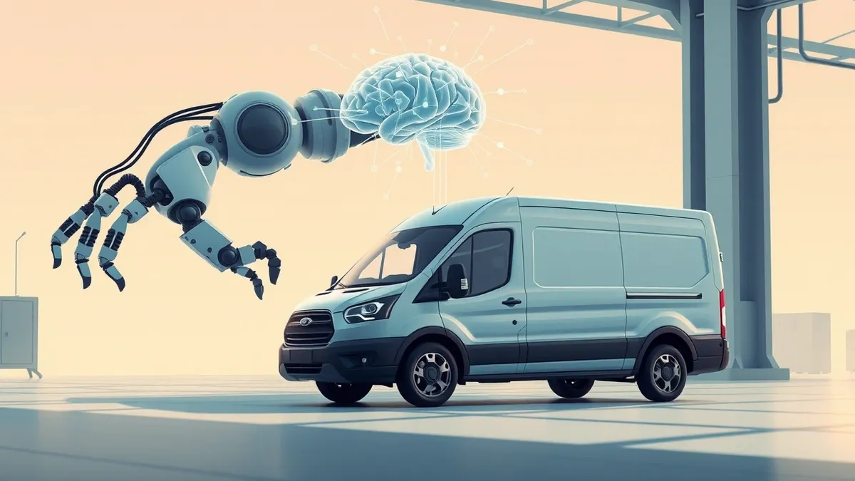 Illustration: A sleek electric delivery van sits beside a large industrial robotic arm in a bright factory.