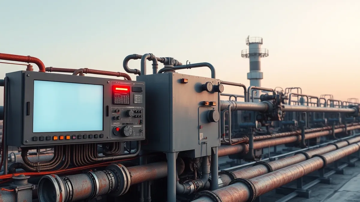 Illustration: A complex industrial control panel with blank digital displays sits beside a network of thick, rusted water pipes.