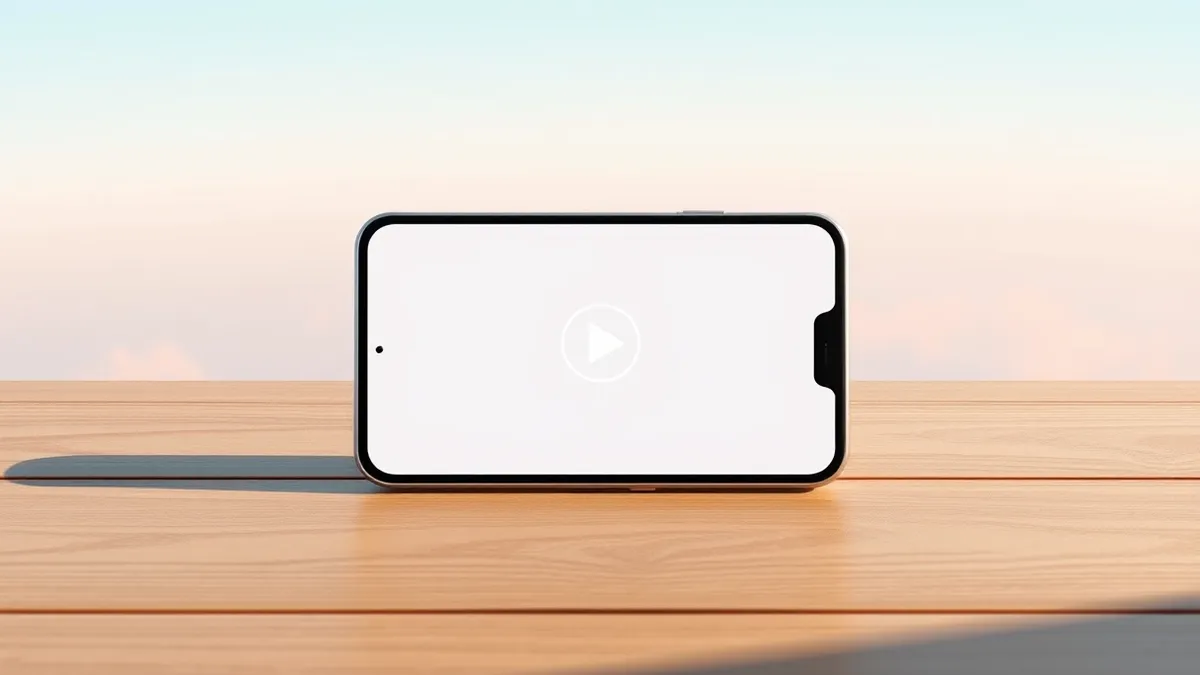 Illustration: A smartphone rests on a wooden table, its blank screen displaying a vertical video interface with a play button and abstract navigation icons in the corners.