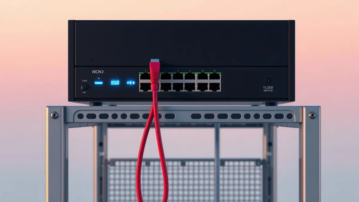 Illustration: A black enterprise network switch sits on a steel rack.