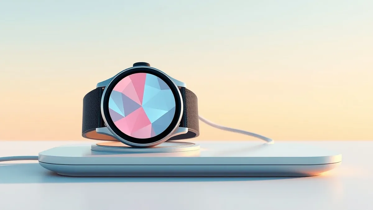 Illustration: A smartwatch with a round screen rests on a sleek charging pad, displaying a fresh abstract geometric pattern in soft pastel colors.