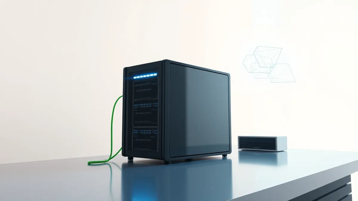 Illustration: A sleek black server chassis sits on a polished desk, its front panel illuminated by soft blue activity lights.
