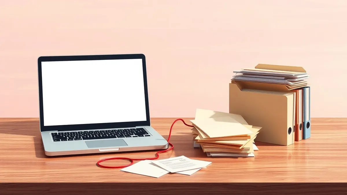 Illustration: A wooden desk holds an open laptop with a blank screen, positioned next to a scattered pile of loose paper directories and an empty file folder.