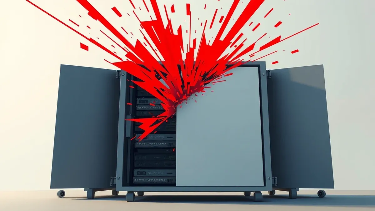 Illustration: A gray enterprise server sits exposed in a plain room while chaotic red jagged lines violently scramble its internal storage drives.