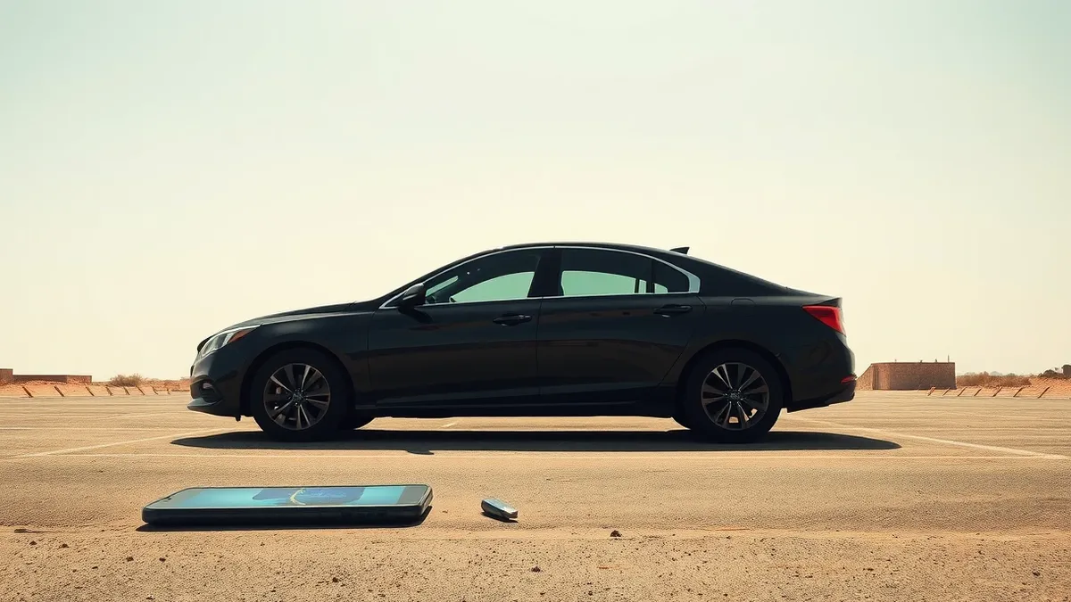 Illustration: A sleek black sedan sits idle on a dusty roadside, its doors locked and keys absent.