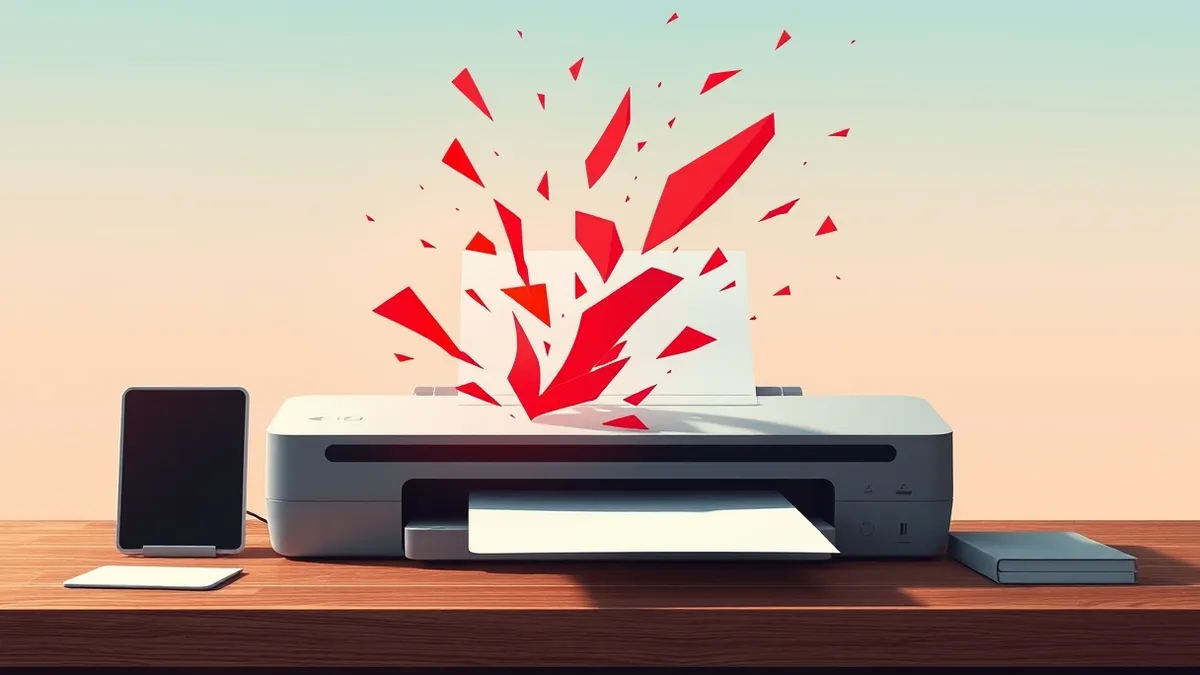 Illustration: A sleek document scanner sits on a wooden desk.