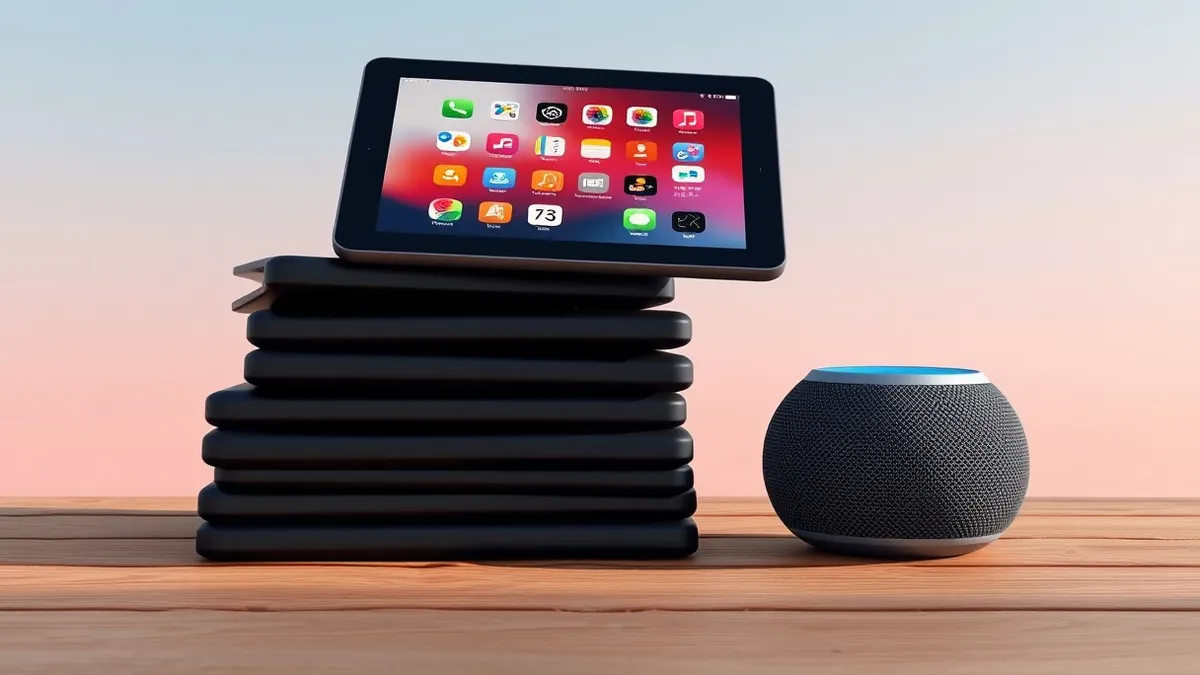 Illustration: A stack of black tablet devices sits on a wooden surface.