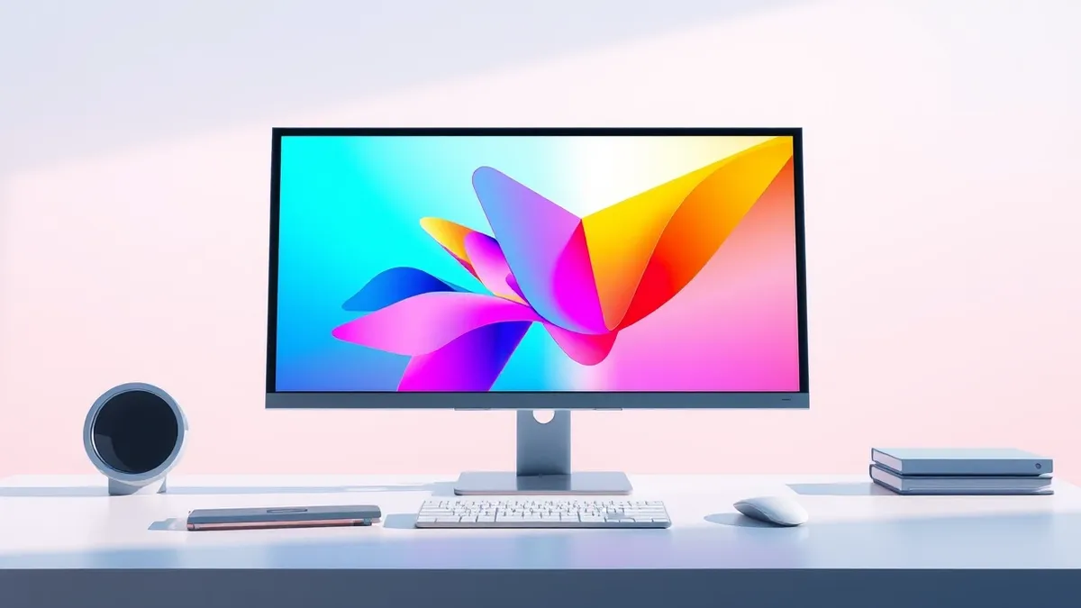 Illustration: A sleek, thin-bezel computer monitor sits on a clean desk surface.