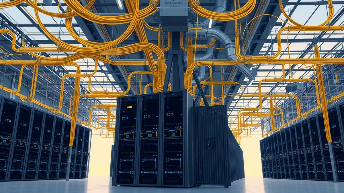 Illustration: A vast warehouse filled with rows of identical black server blades, each glowing with tiny blue lights, sits beneath a complex web of thick yellow power cables and in