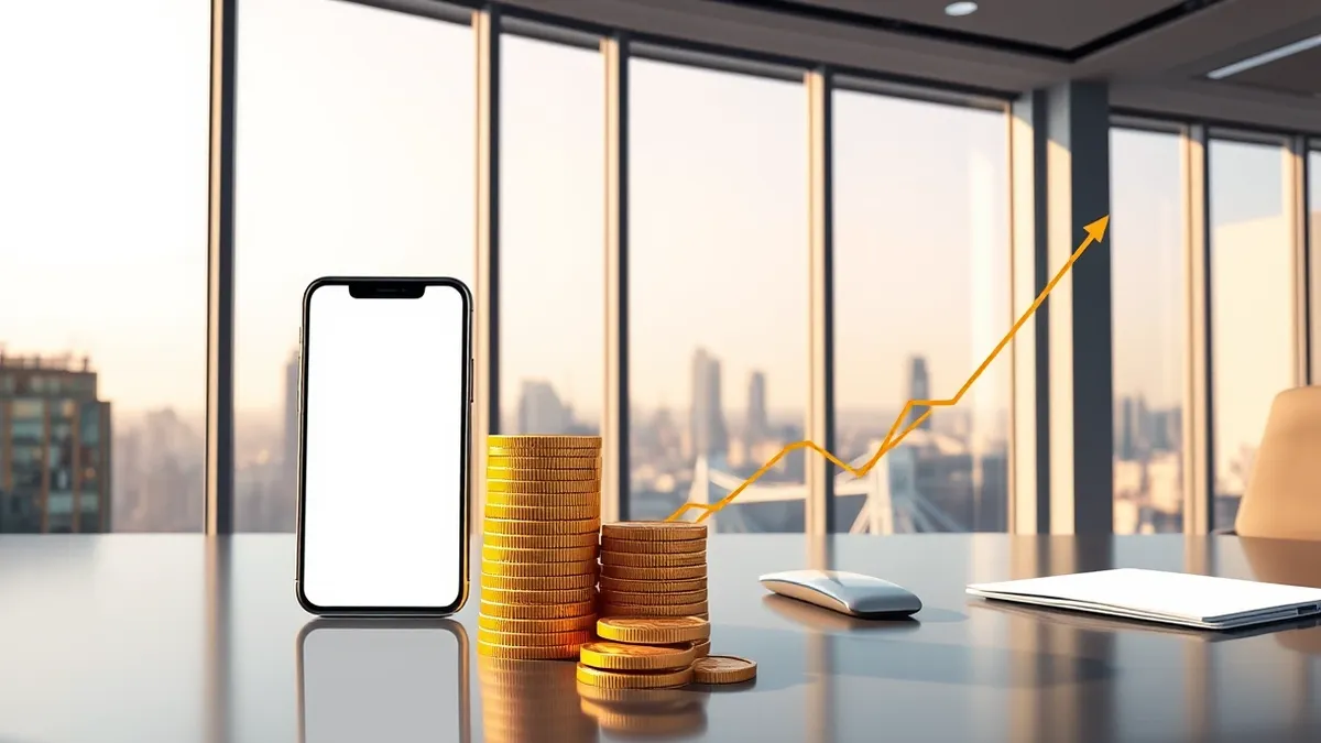 Illustration: A sleek office desk in a London high-rise holds a smartphone displaying a blank notification screen, next to a stack of gold coins and a stylized graph trending sharp