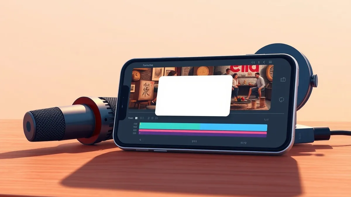 Illustration: A sleek smartphone rests on a wooden desk, its screen displaying a vibrant video editing interface with colorful timeline tracks.
