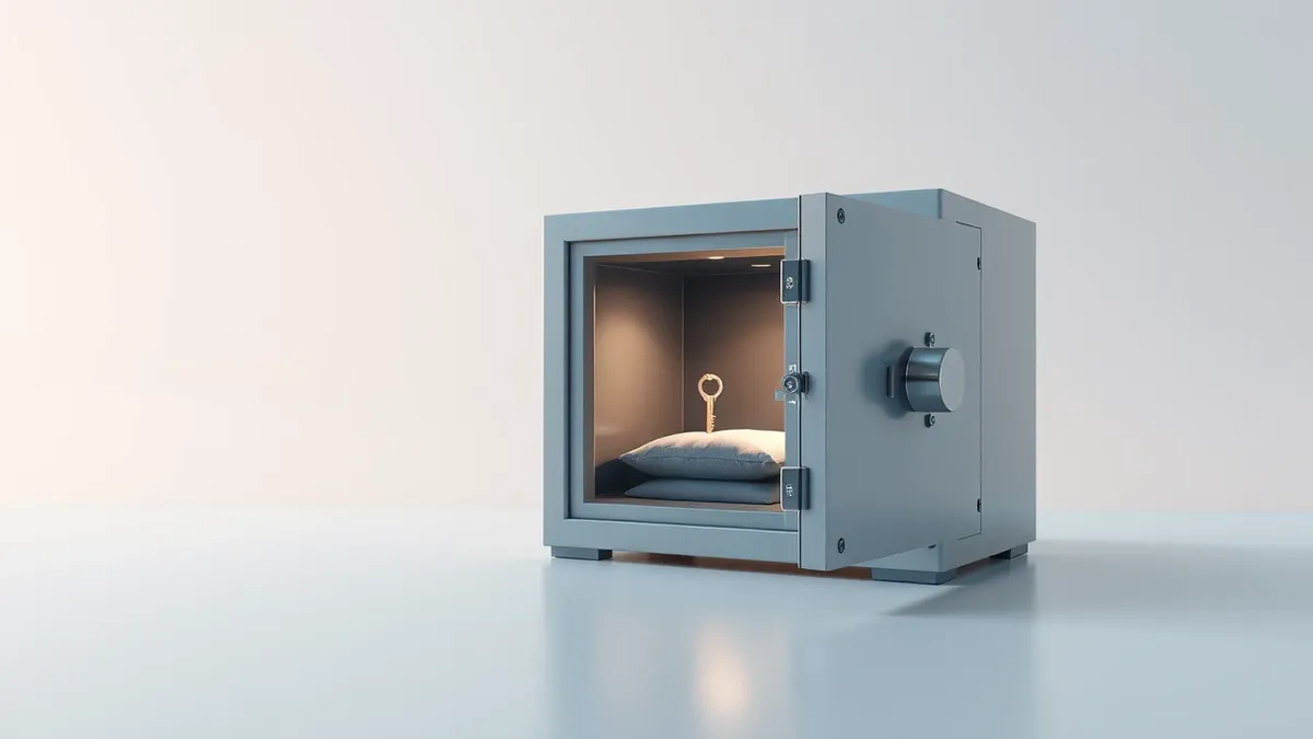 Illustration: A thick, heavy safe sits alone in a sterile white room, its steel door slightly ajar to reveal a single, glowing key resting on a velvet cushion inside.