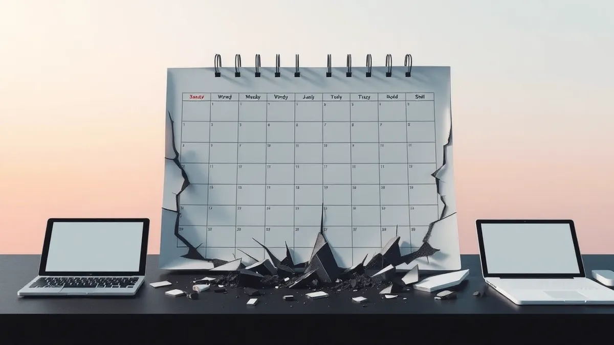 Illustration: A blank calendar grid sits on a dark desk, its paper surface cracked with sharp black fissures.