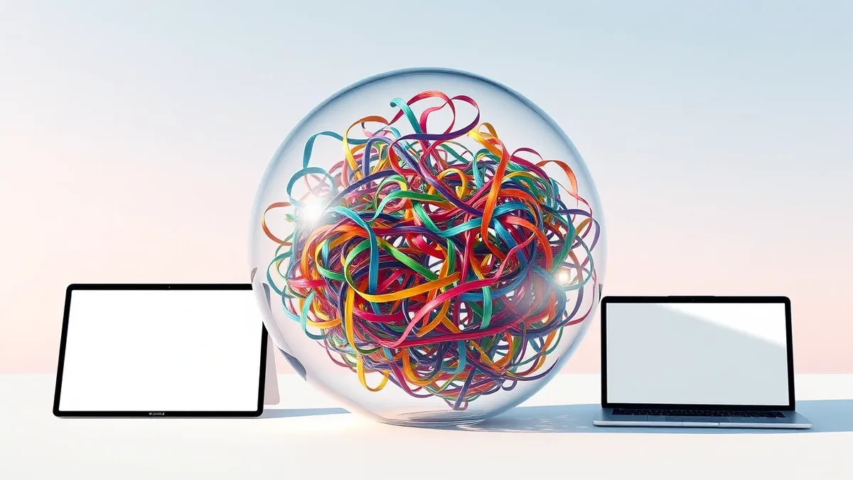 Illustration: A tangled mass of colorful ribbons representing DNA strands sits inside a transparent glass sphere.