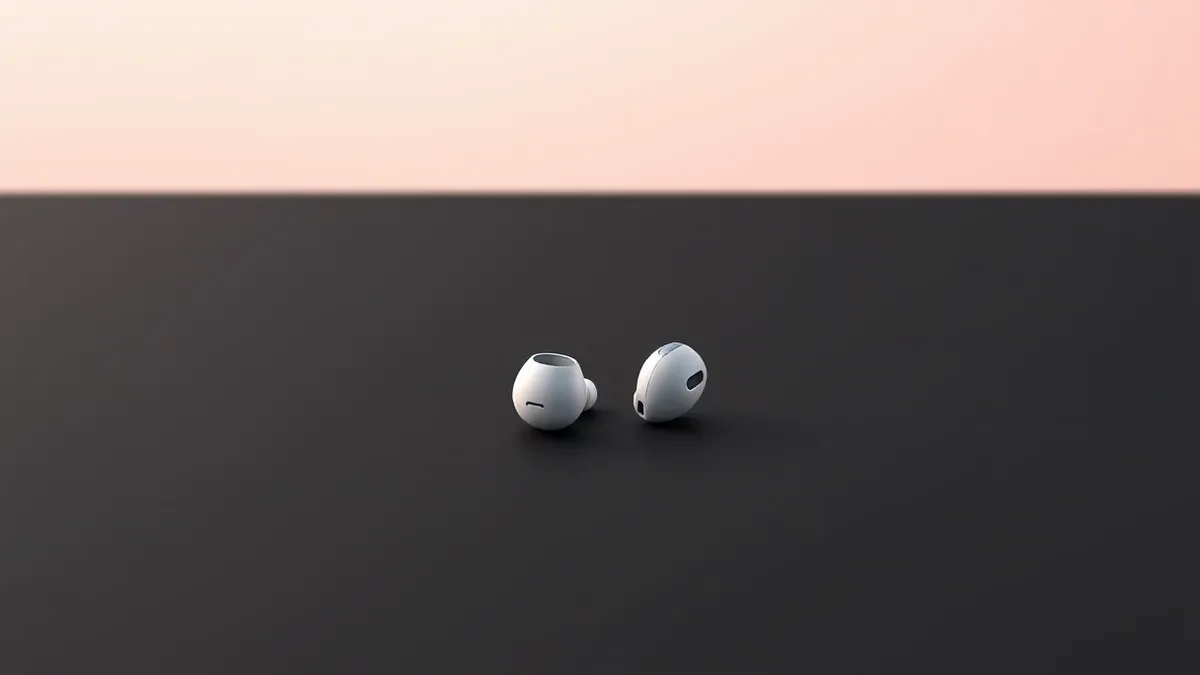Illustration: A pair of sleek, white wireless earbuds rests on a smooth, matte black surface.
