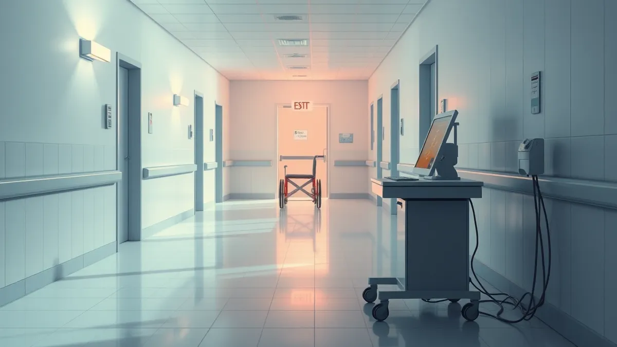 Illustration: A sterile hospital corridor with a flickering wall light and a blurred wheelchair in the distance.