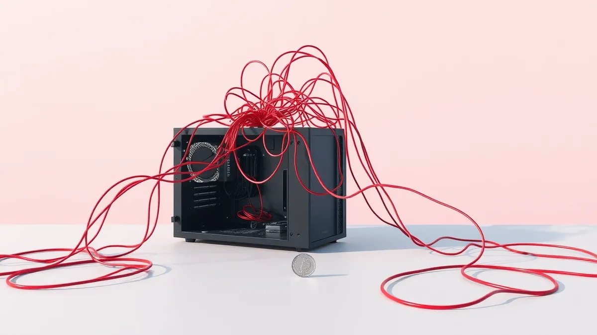 Illustration: A sleek black server chassis sits on a clean white desk with its side panel removed.