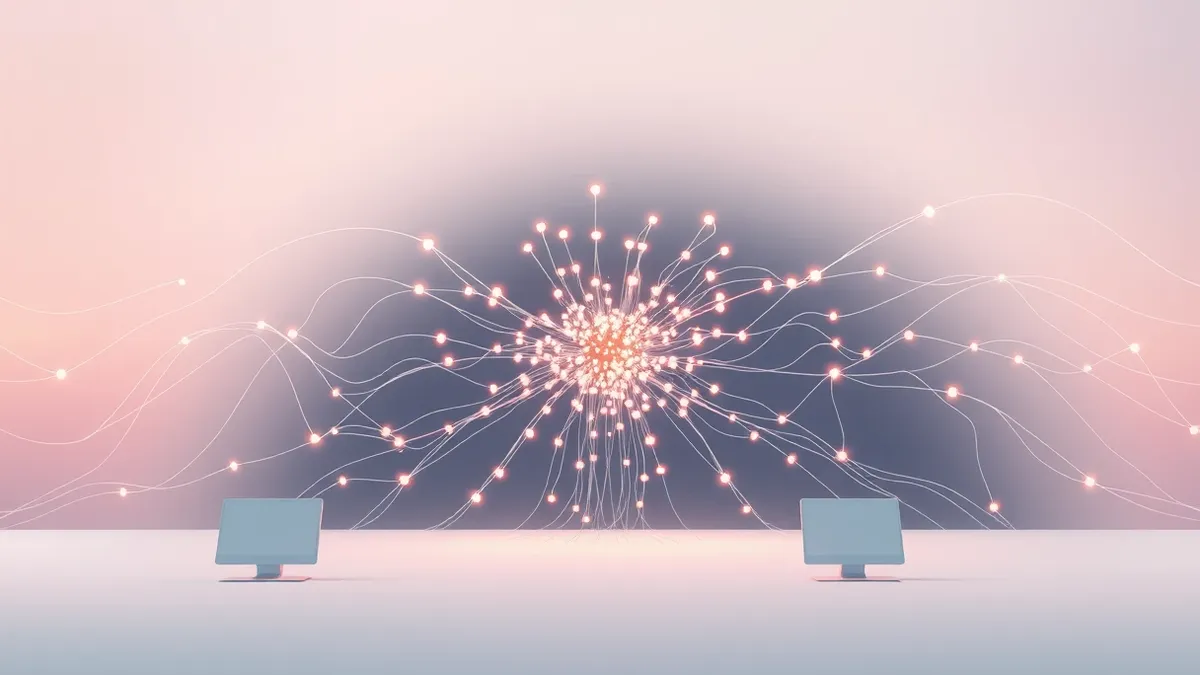 Illustration: A dense cluster of glowing nodes pulses rhythmically within a dark digital void, connected by flowing streams of light that weave through the empty space to represent