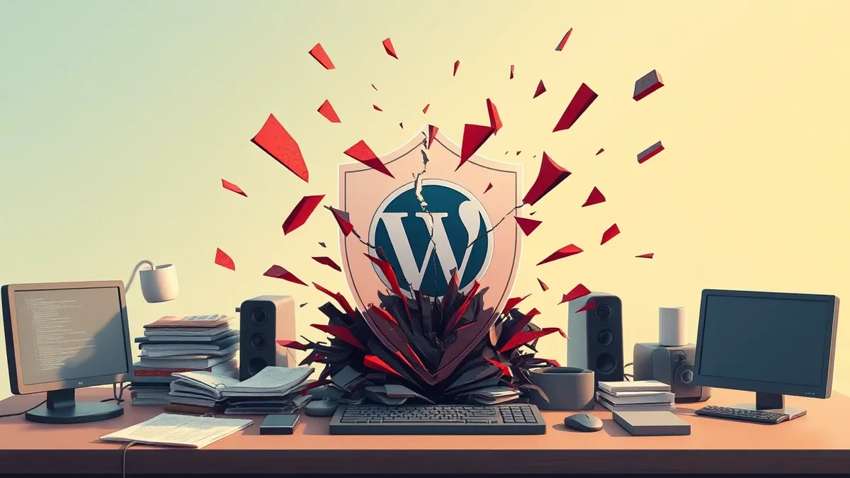 Illustration: A generic WordPress plugin icon sits atop a cluttered digital desk, surrounded by floating, jagged shards of red code that pierce through a fragile, translucent shiel
