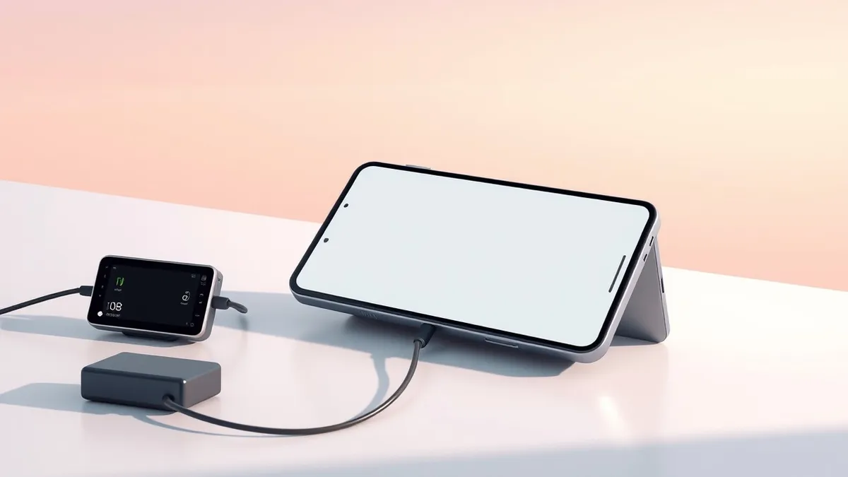 Illustration: A modern foldable smartphone lies open on a clean desk, its large unfolded screen displaying a blank interface.