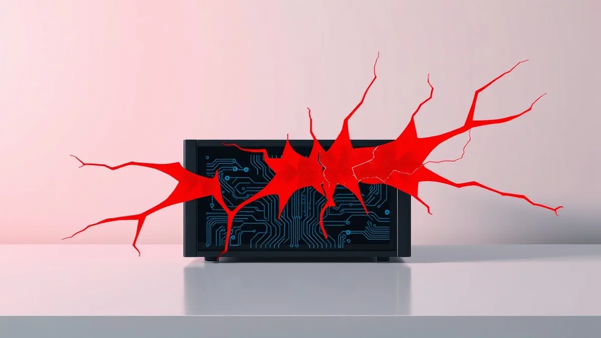 Illustration: A sleek black firewall appliance sits alone on a sterile white desk, its front panel displaying only abstract blue circuit patterns.