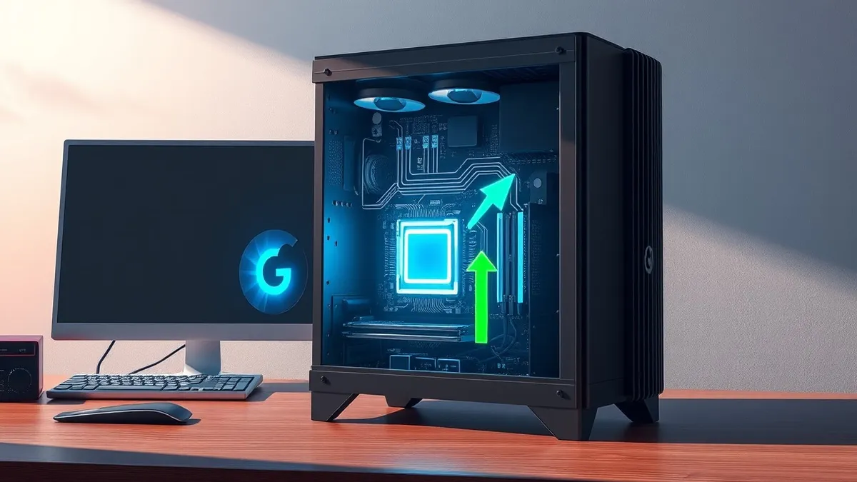 Illustration: A generic desktop computer sits on a wooden desk with its side panel removed to reveal the internal motherboard and processor.
