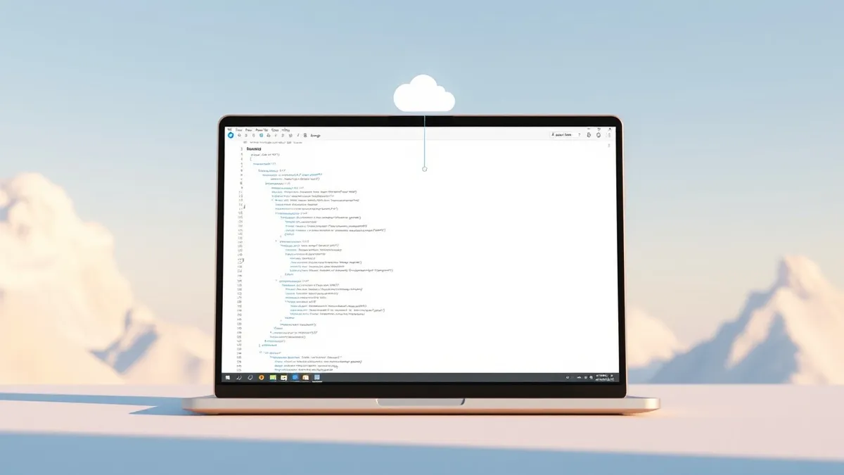 Illustration: A generic laptop screen displays a blank code editor window with abstract syntax highlighting.