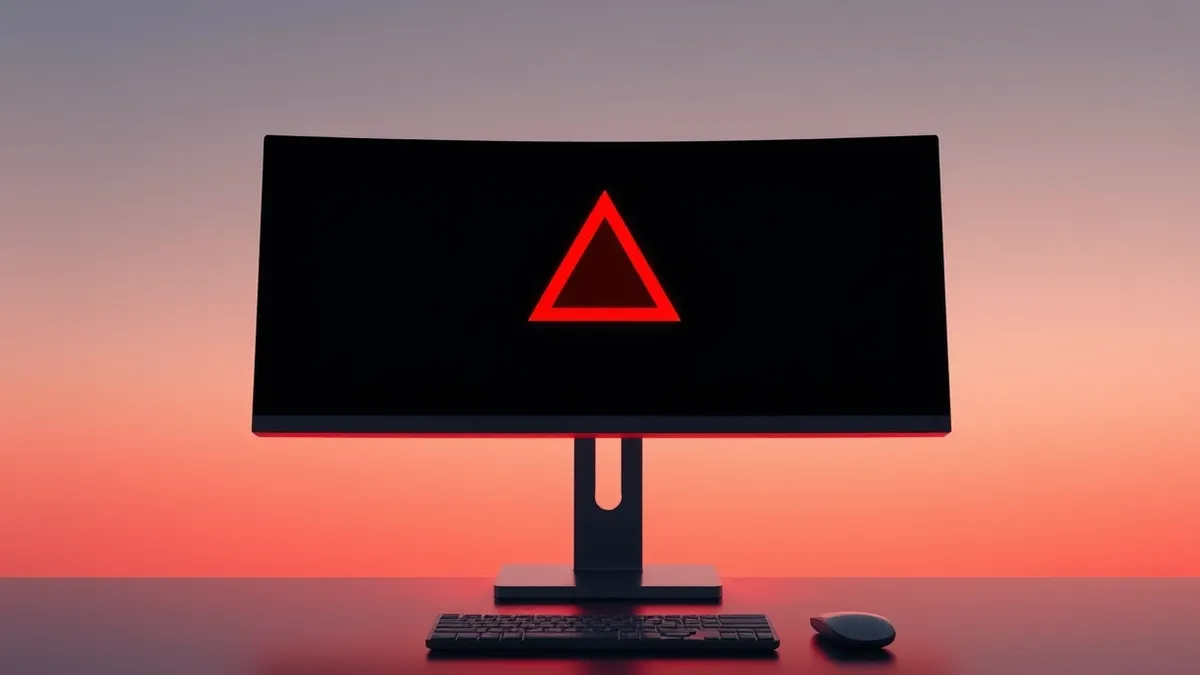 Illustration: A generic computer monitor displays a blank interface with a single large red warning triangle in the center.