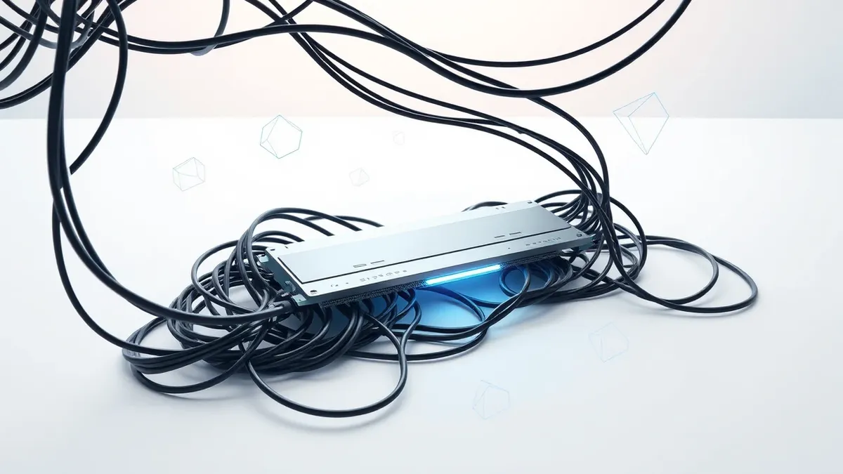 Illustration: A tangled nest of black ribbon cables connects into a single large silver memory module.