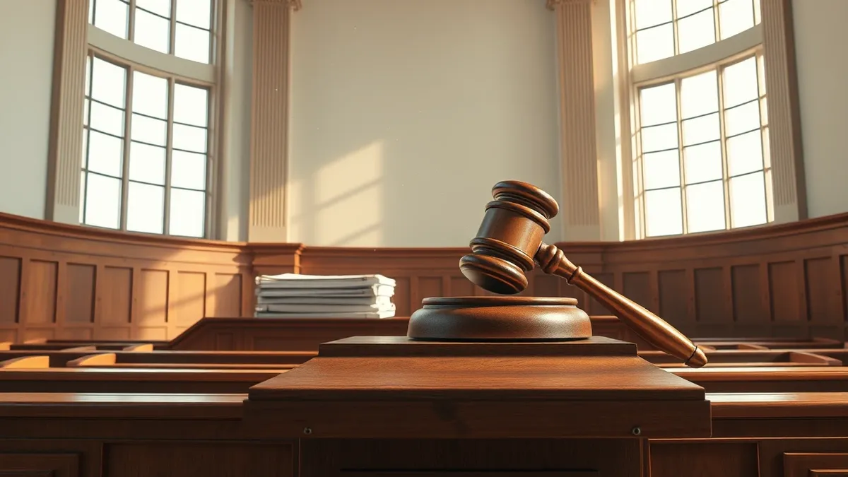 Illustration: A heavy wooden gavel rests on a polished lectern in an empty courtroom.