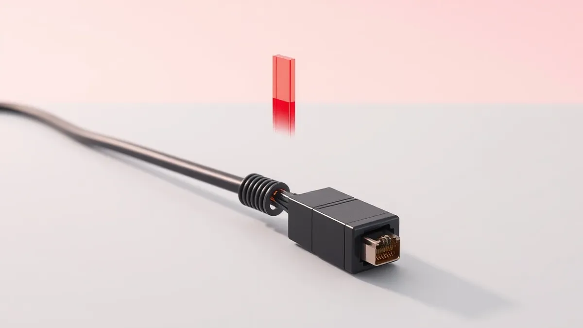 Illustration: A sleek black network cable lies severed on a sterile white desk, its copper wires twisted and exposed.