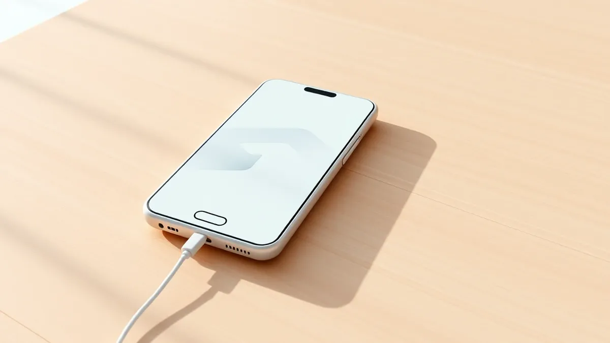 Illustration: A sleek white smartphone rests on a minimalist wooden table, its screen displaying only abstract geometric shapes.