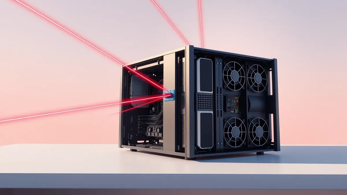Illustration: A sleek, standalone server unit sits on a sterile white desk with its side panel removed, exposing complex internal circuitry and cooling fans.