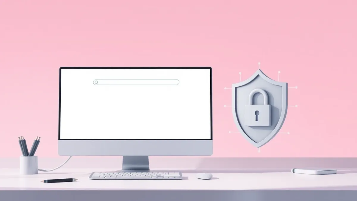 Illustration: A blank web browser window sits on a desk, its address bar displaying only a generic lock icon to symbolize hidden website identities.