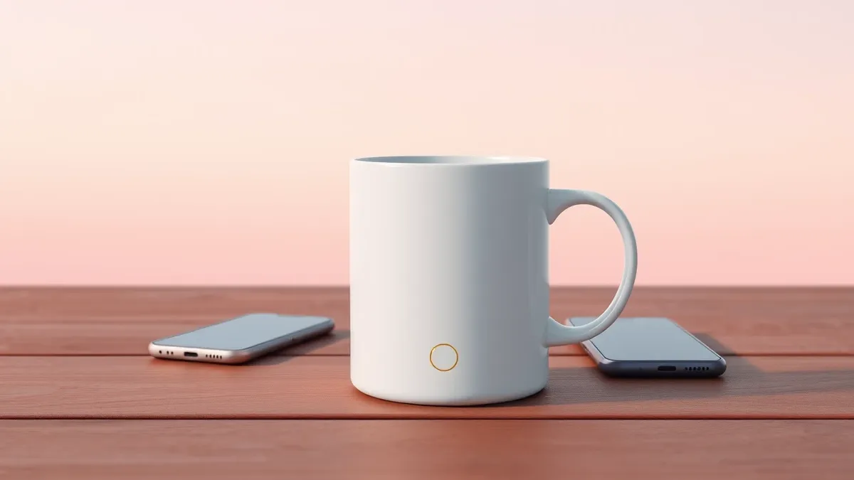 Illustration: A white ceramic smart mug sits on a wooden table, featuring a small physical button on its side.