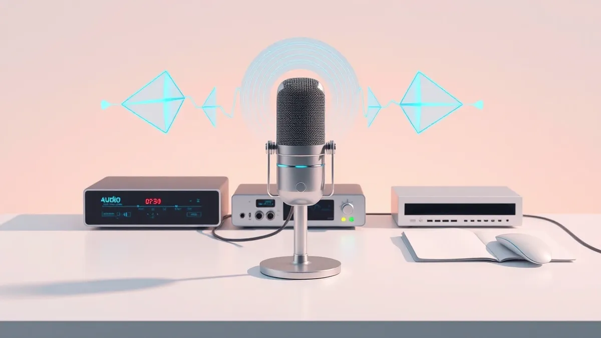 Illustration: A sleek silver microphone sits on a clean white desk, connected to a modern audio interface with blinking indicator lights.