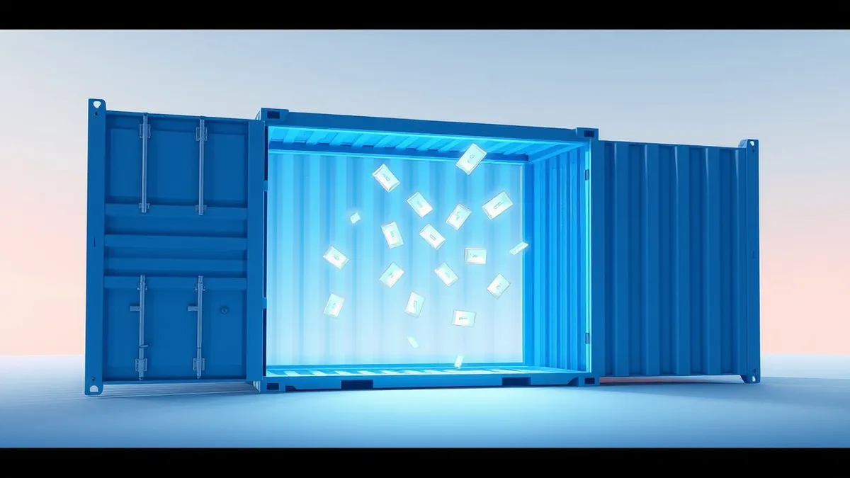 Illustration: A translucent blue virtual machine container sits cracked open, revealing glowing credential tokens drifting out from inside.