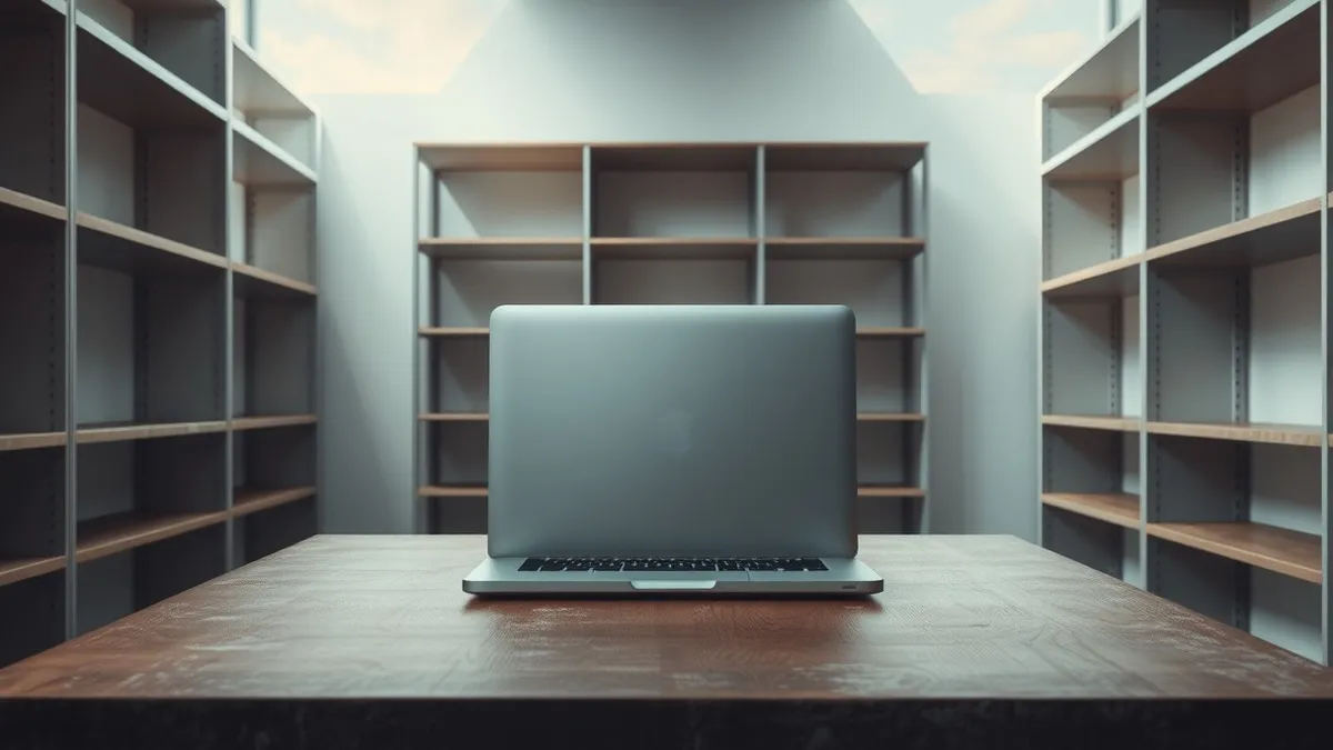 Illustration: A solitary silver laptop sits closed on a dusty wooden desk, its lid reflecting dim, cold light.