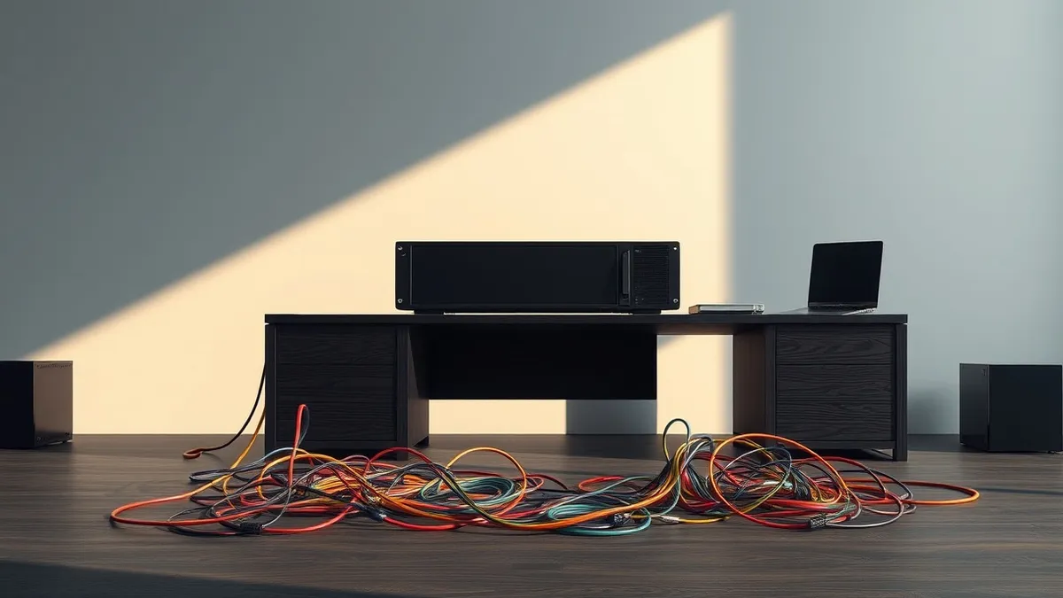 Illustration: A sleek black artificial intelligence server sits isolated on a dark wooden desk, physically disconnected from a tangle of colorful ethernet cables that lie coiled an