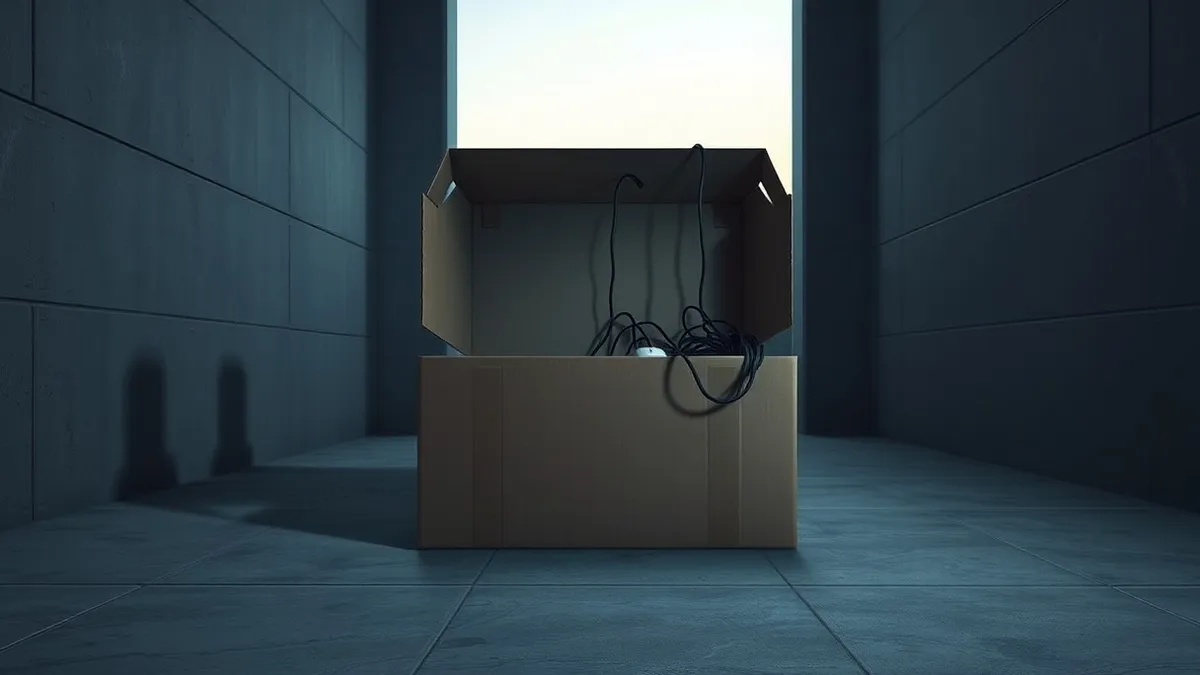 Illustration: A plain cardboard box sits on a sterile concrete floor in a dimly lit holding cell.