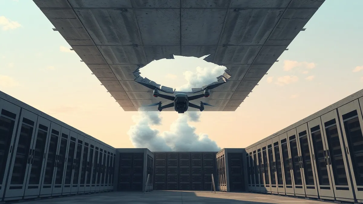 Illustration: A drone’s impact crater sits in the roof of a massive concrete data facility.