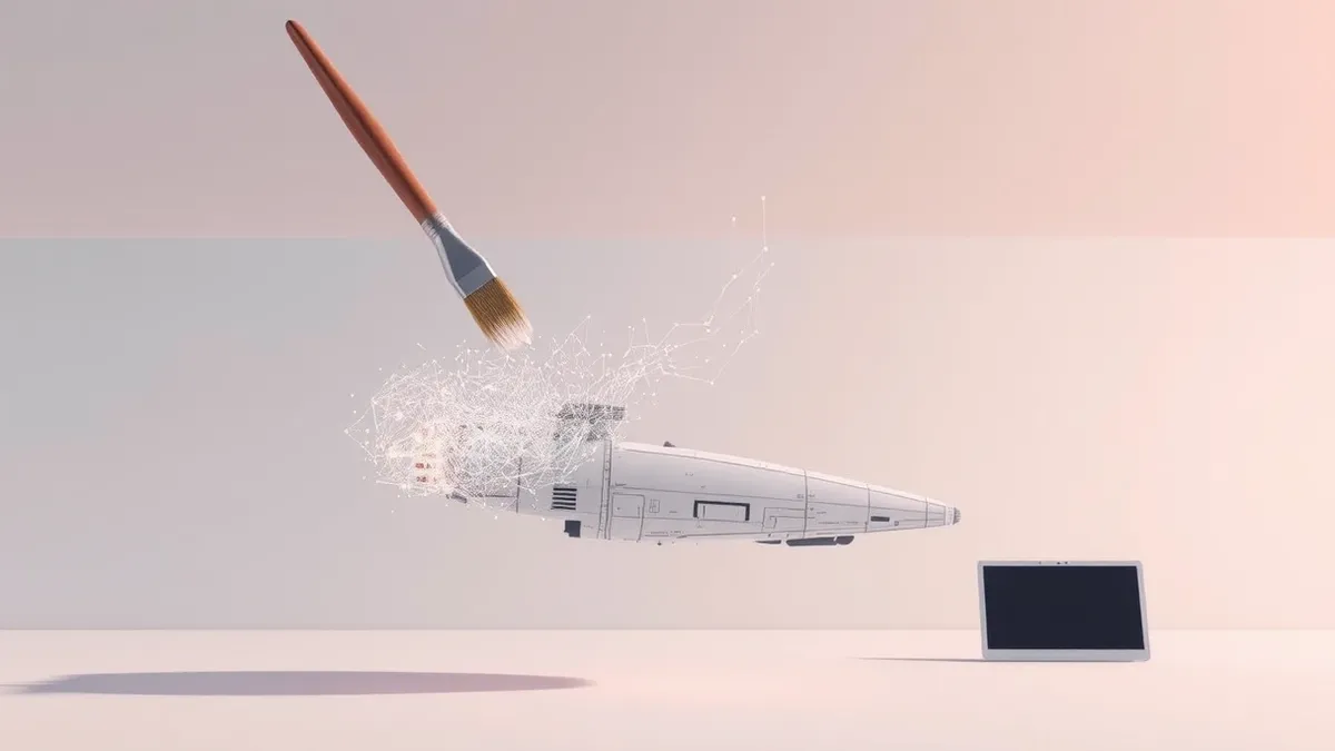 Illustration: A digital paintbrush hovers over a blank canvas, its bristles dissolving into glowing geometric shards.
