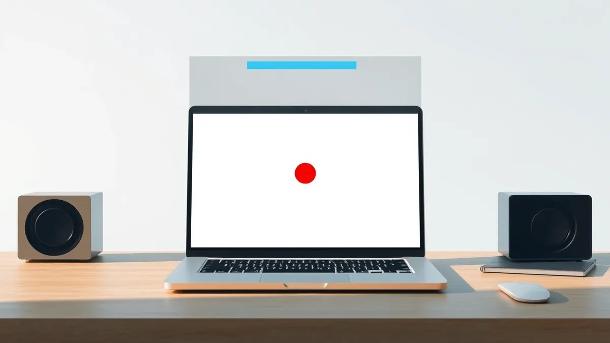 Illustration: A sleek laptop sits on a wooden desk with its screen displaying a blank white window featuring a single red circular icon.