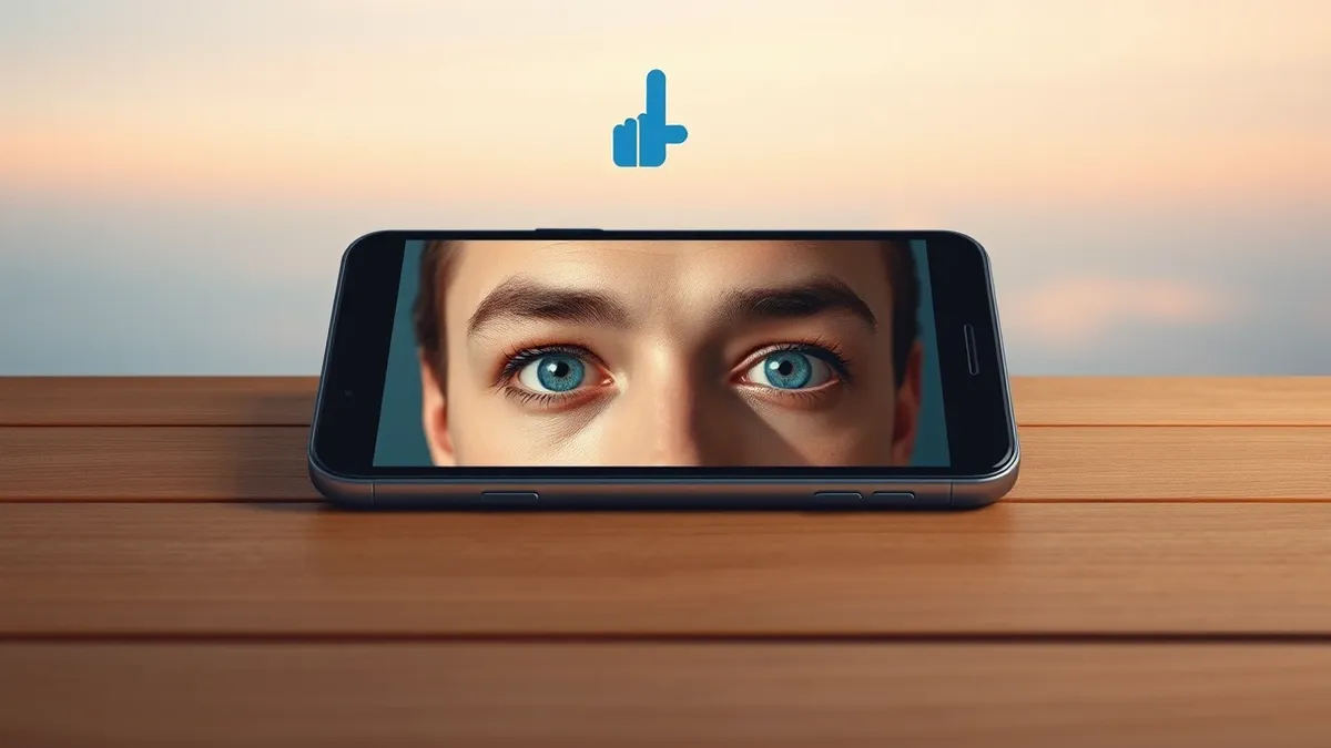 Illustration: A smartphone rests on a wooden table, its screen displaying a close-up portrait photo where both eyes are now wide open and naturally lit.