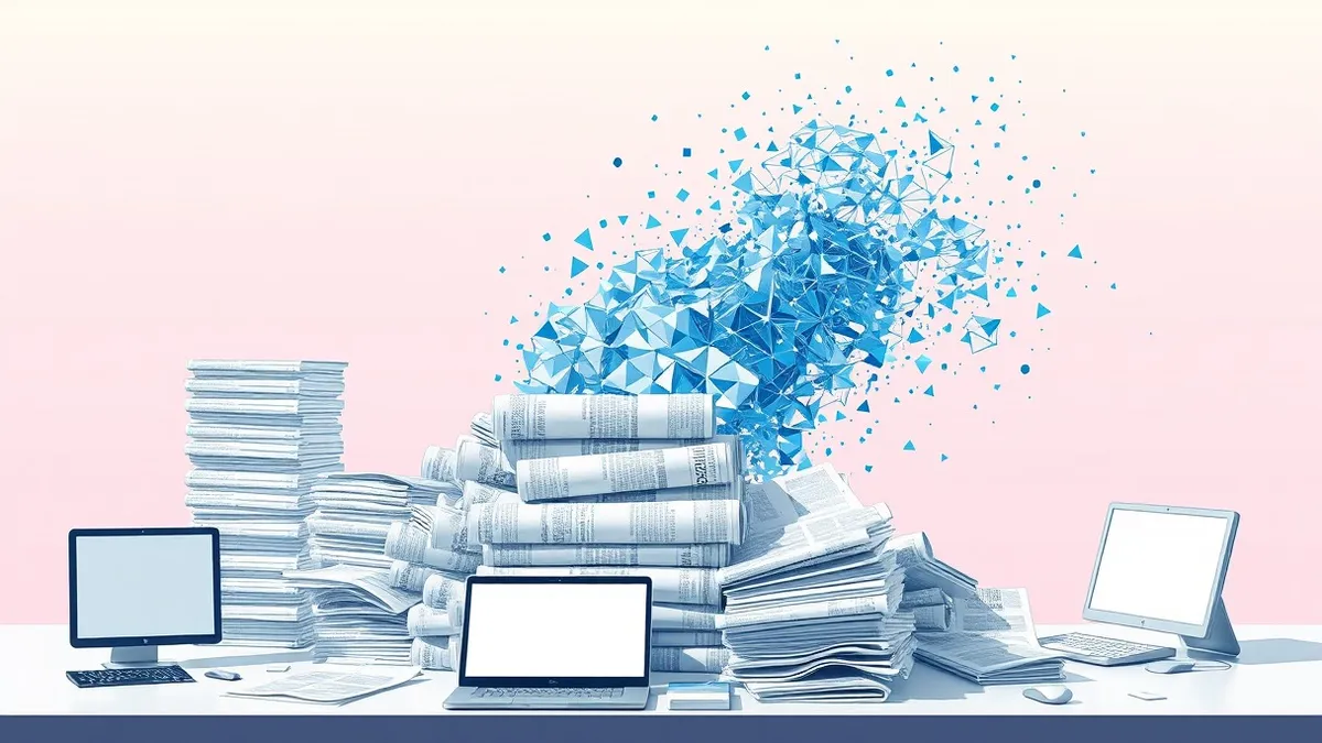 Illustration: A towering stack of blank newspaper bundles spills over a desk, merging into a swirling cloud of abstract blue and white digital geometric shapes that drift upward in