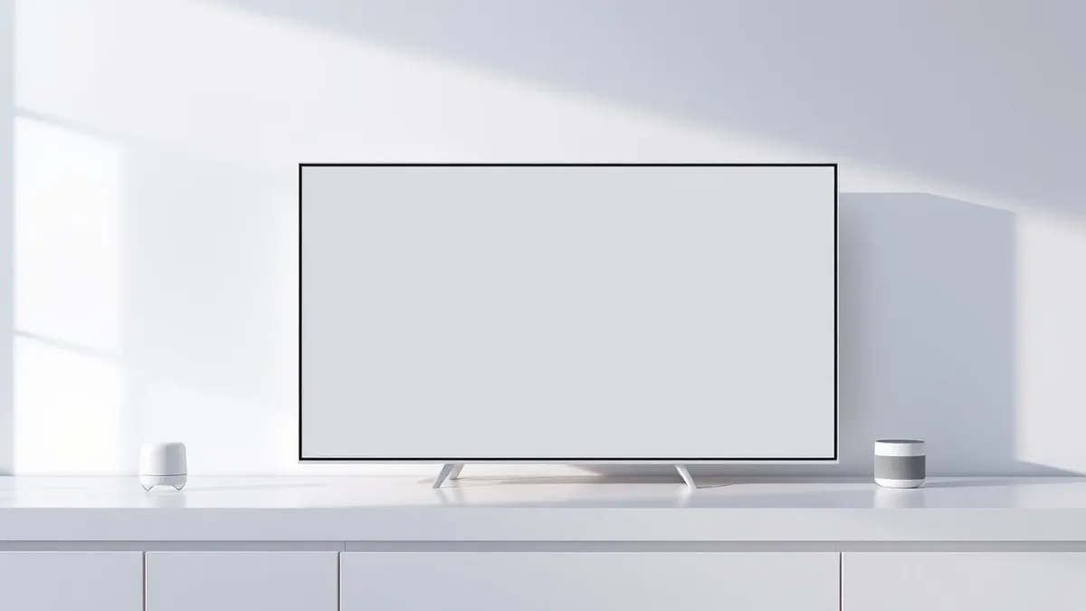 Illustration: A sleek white rectangular smart display rests on a minimalist kitchen counter.