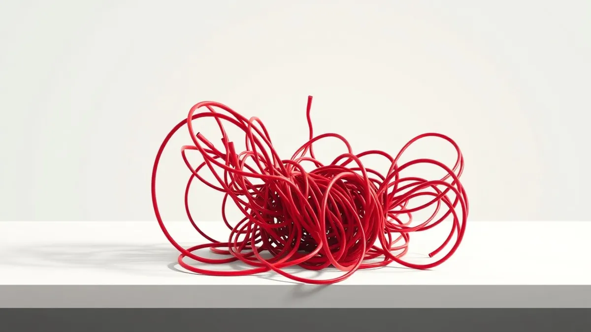 Illustration: A tangled mass of twisted red wires forms a chaotic knot on a white desk surface.