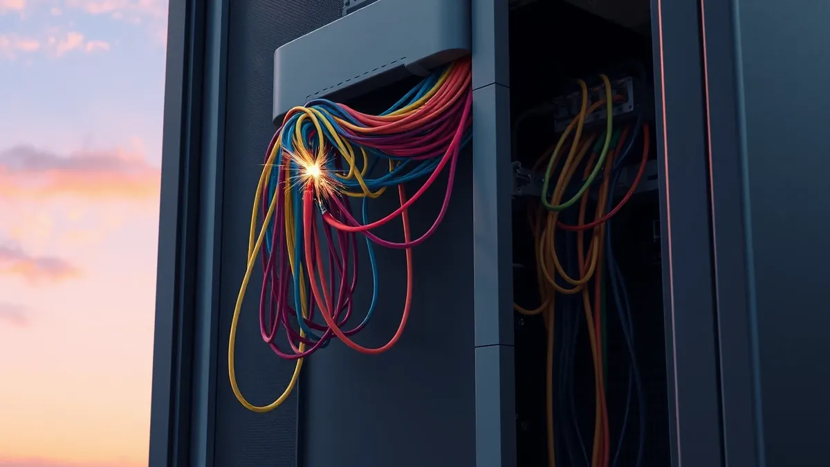 Illustration: A tangled nest of colorful data cables plugs into a single port on a grey enterprise server box.