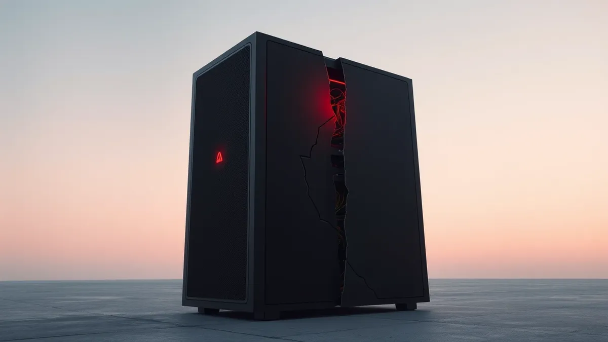 Illustration: A sleek black server tower sits isolated on a concrete floor, its front panel glowing with a single red warning light.